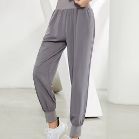 Solid Color High Waist Yoga Fitness Cropped Pants, Breasted Waist Straps Sports Jogging Pants, Women's Activewear (Color: grey, size: XXL(14))
