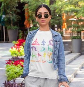 Yoga Poses Print Jersey Short Sleeve Tee (Color: White, size: L)