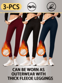 [3-piece set] Winter thick warm leggings, high waisted elastic fashionable versatile leggings (Color: Black+navy blue+wine red, size: L)